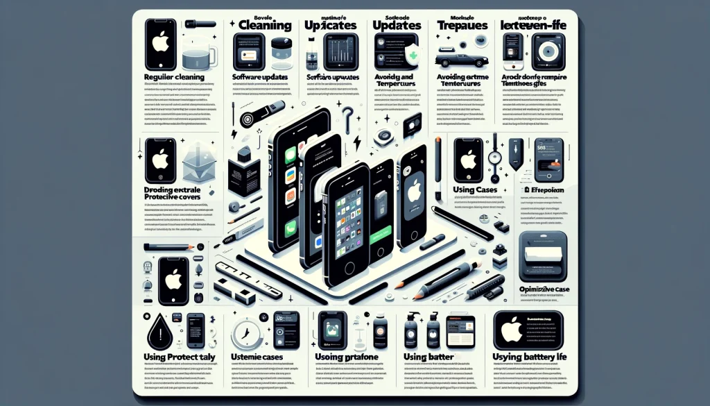 iPhoneの使用寿命を延ばすためのメンテナンスと予防策を示したインフォグラフィック。定期的な清掃、ソフトウェアの更新、極端な温度を避ける、保護ケースの使用、バッテリー寿命の最適化などのセクションが含まれている。各セクションはシンプルでわかりやすいアイコンと簡潔な説明文で表現されており、Appleのミニマリストでエレガントな美学を反映したデザインになっている